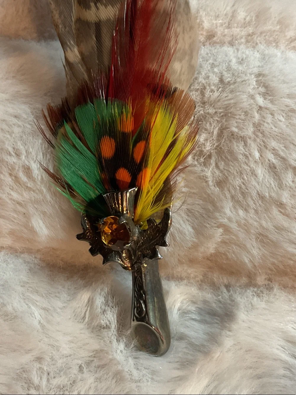 Feather Cluster Brooch with Green, Orange & Red Accents